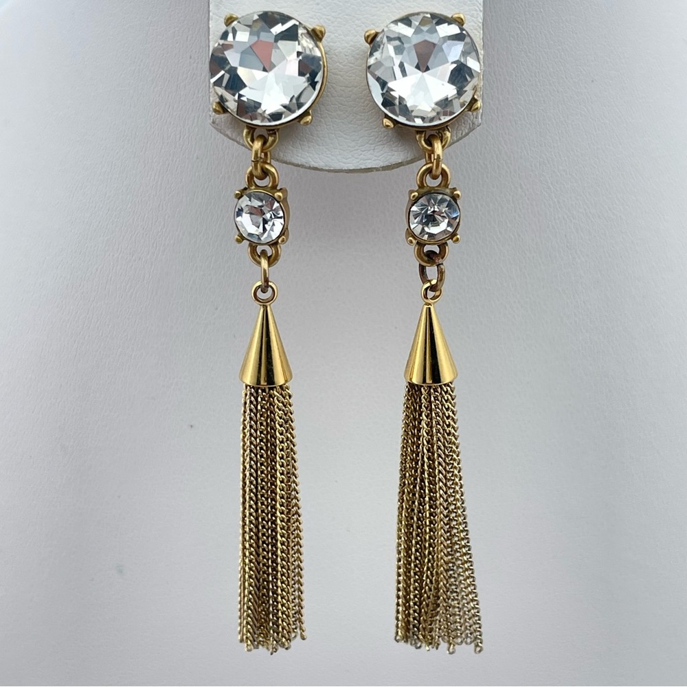 Gold Crystal Tassel Drop Earrings Sparkling Dangle 2.50” Long